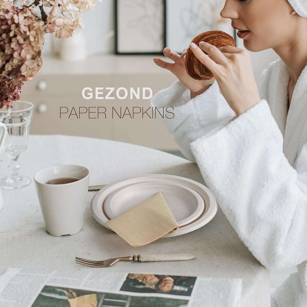 Gezond 100pcs Compostable Paper Napkins, Disposable Dinner Napkins 13 x 13 in Unbleached 2-ply Eco Lunch Tissue Natural - Image 5
