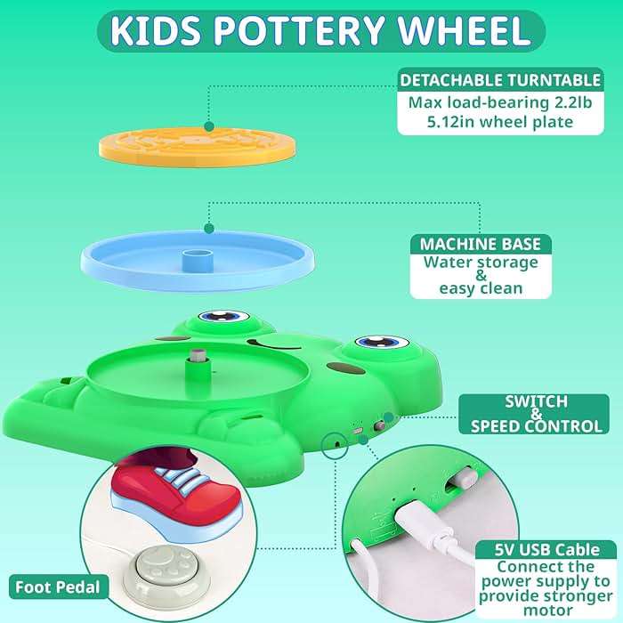 Aujazyble Pottery Wheel for Kids - Complete Pottery Painting Kit Arts and Crafts for Kids Ages 8-12 with 3 Pack Air Dry Clay Art Supplies Toys for Girls Boy Birthday Gift for 6 7 8 9 10 11 12+ - Image 4