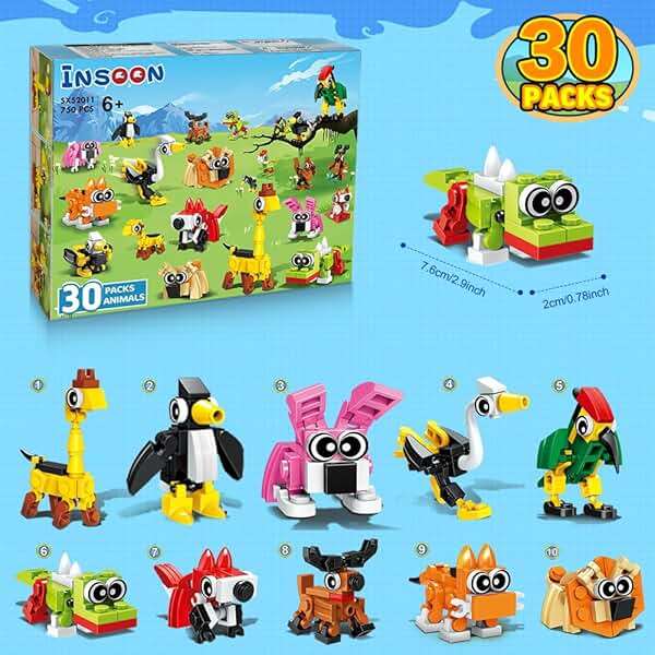 INSOON 30 Animals Pack Party Favors for Kids, 750 PCS Animals Building Block Toy for Goodie Bag Stuffers Classroom Student Prizes Mothers Day Children's Day Birthday Gifts for Boys Girls Ages 6+ - Image 9