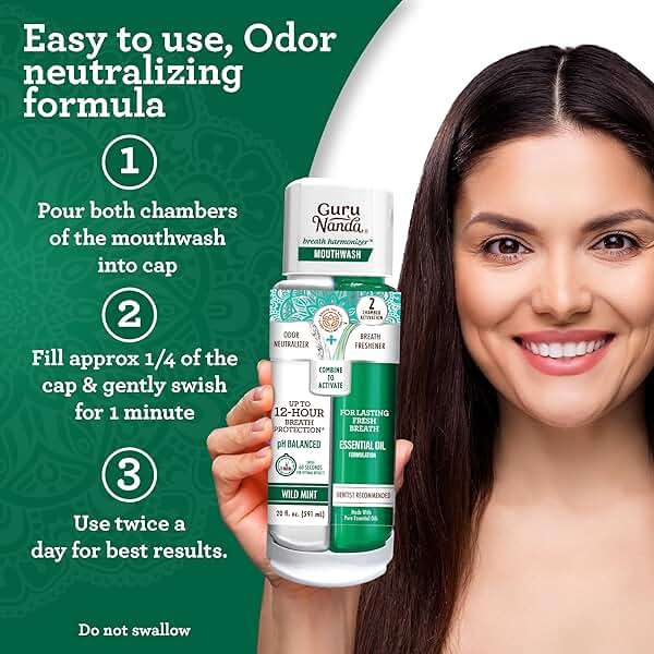 GuruNanda Dual Barrel Breath Harmonizer Mouthwash - Freshens Breath - Alcohol & Fluoride Free with Sodium Chlorite & Essential Oils - Wild Mint Flavor, 20 Fl Oz - Image 5
