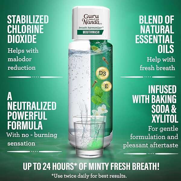 GuruNanda Dual Barrel Breath Harmonizer Mouthwash - Freshens Breath - Alcohol & Fluoride Free with Sodium Chlorite & Essential Oils - Wild Mint Flavor, 20 Fl Oz - Image 6