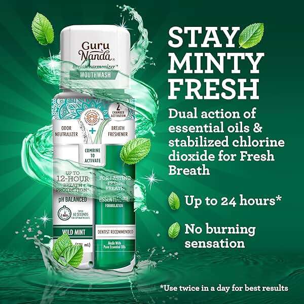 GuruNanda Dual Barrel Breath Harmonizer Mouthwash - Freshens Breath - Alcohol & Fluoride Free with Sodium Chlorite & Essential Oils - Wild Mint Flavor, 20 Fl Oz - Image 8