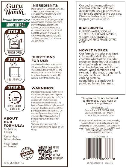GuruNanda Dual Barrel Breath Harmonizer Mouthwash - Freshens Breath - Alcohol & Fluoride Free with Sodium Chlorite & Essential Oils - Wild Mint Flavor, 20 Fl Oz - Image 9
