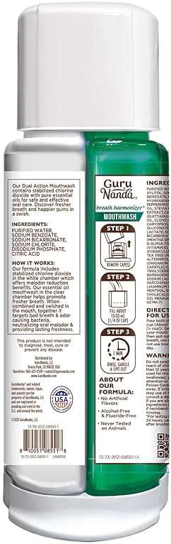 GuruNanda Dual Barrel Breath Harmonizer Mouthwash - Freshens Breath - Alcohol & Fluoride Free with Sodium Chlorite & Essential Oils - Wild Mint Flavor, 20 Fl Oz - Image 10