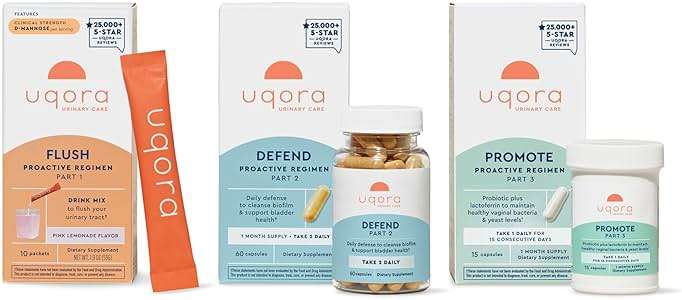 Uqora Complete Regimen with Flush, Defend & Promote - Urinary Tract Support with D-Mannose, Vitamin C, Green Tea Extract, Probiotics & More - Comprehensive Bladder Health Support* - 3-Part Bundle - Image 1