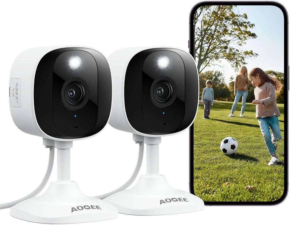 AOQEE 2K Cameras for Home Security-Outdoor/Indoor Camera for Dog/Cat/Pet/Nanny/Baby/Elderly, Color Night Vision, White Light, Siren, 24/7 SD Recordings, Works with Alexa, Plug in (C1-White-2pack-2.4G) - Image 1