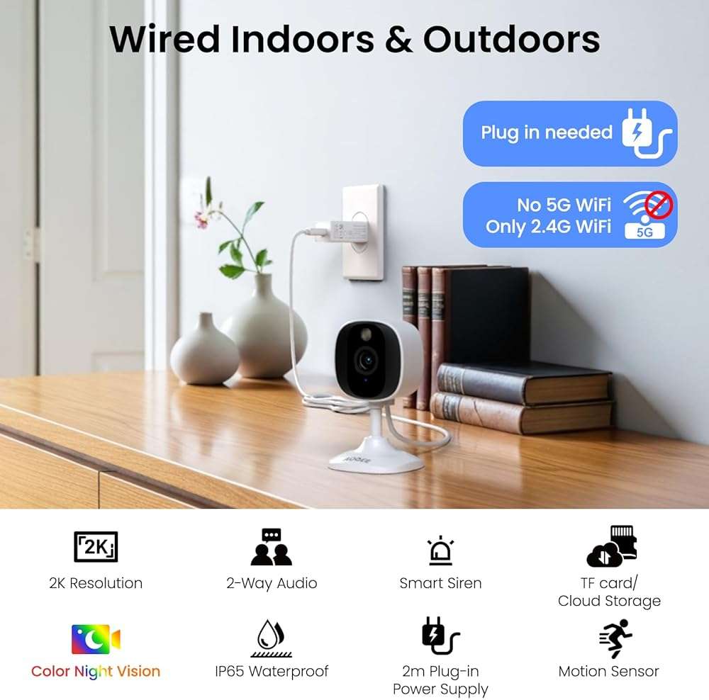 AOQEE 2K Cameras for Home Security-Outdoor/Indoor Camera for Dog/Cat/Pet/Nanny/Baby/Elderly, Color Night Vision, White Light, Siren, 24/7 SD Recordings, Works with Alexa, Plug in (C1-White-2pack-2.4G) - Image 2
