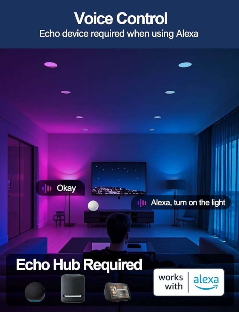 iLC 6 inch LED Recessed Lighting Color Changing, Work with Alexa (Alexa speaker Required), App Controlled, RGB Canless Recessed Lights, 16 Million Colors,2700K-6000K,14W,1400LM, Bluetooth Mesh,6 Packs - Image 3