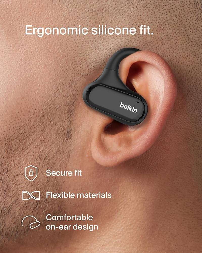 Belkin SoundForm ClearFit Wireless Open-Ear Earbuds, Lightweight Sport Earphones, Bluetooth Earbuds w/Long-Lasting Comfort, IPX5 Water Resistance for iPhone, Hiking, Biking, Running, & More - Black - Image 3