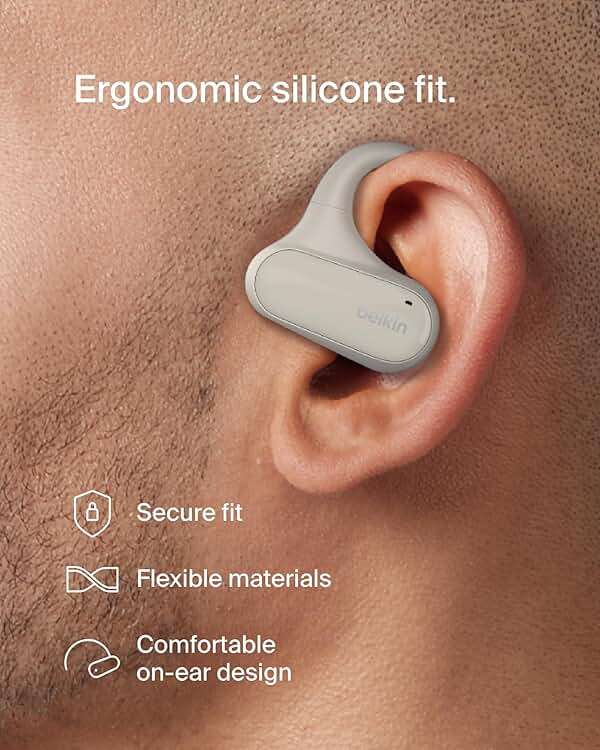 Belkin SoundForm ClearFit Wireless Open-Ear Earbuds, Lightweight Sport Earphones, Bluetooth Earbuds w/Long-Lasting Comfort, IPX5 Water Resistance for iPhone, Hiking, Biking, Running, & More - Sand - Image 3