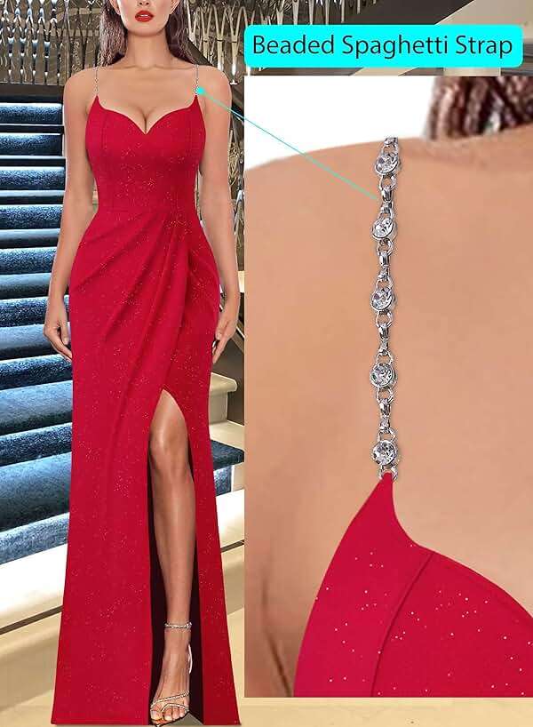 VFSHOW Womens Sexy Formal Ruched Fitted High Slit Bodycon Maxi Dress Spaghetti Strap Sweetheart Cocktail Prom Evening Gown - Image 2