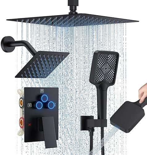 Shower Faucet Set, 12" Ceiling Mount Rainfall Shower System with 12'' Top Head+6'' Side Head and Multi-function Handheld Head Push Button Diverter Shower Faucet Trim Kit (12", Matte Black) - Image 1