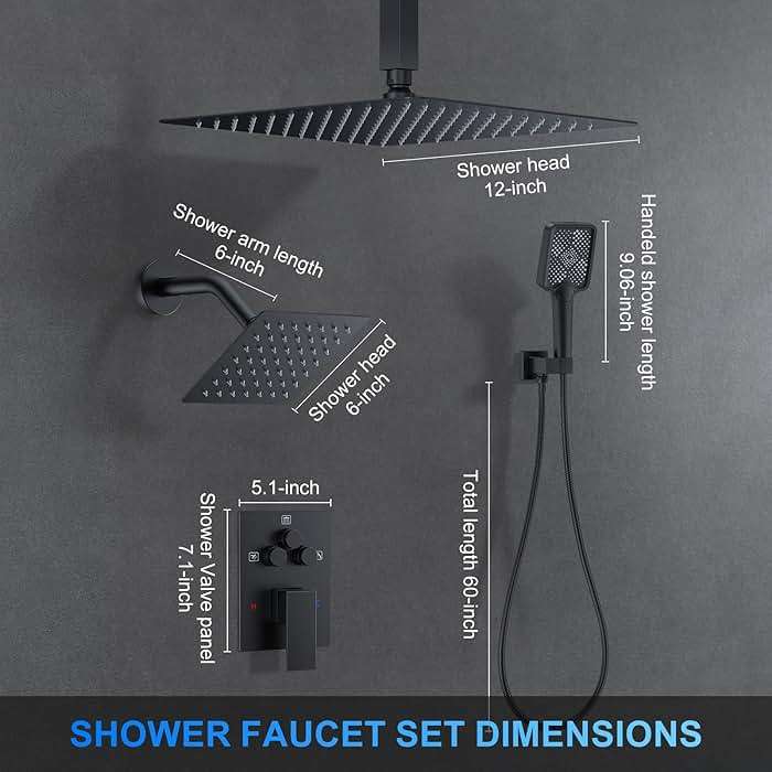 Shower Faucet Set, 12" Ceiling Mount Rainfall Shower System with 12'' Top Head+6'' Side Head and Multi-function Handheld Head Push Button Diverter Shower Faucet Trim Kit (12", Matte Black) - Image 2