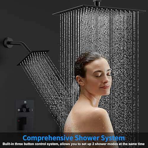 Shower Faucet Set, 12" Ceiling Mount Rainfall Shower System with 12'' Top Head+6'' Side Head and Multi-function Handheld Head Push Button Diverter Shower Faucet Trim Kit (12", Matte Black) - Image 3