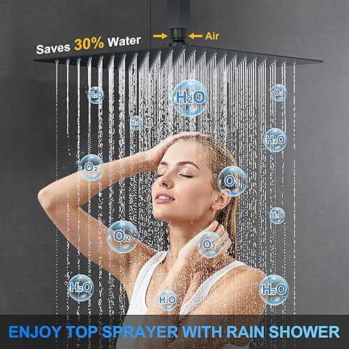 Shower Faucet Set, 12" Ceiling Mount Rainfall Shower System with 12'' Top Head+6'' Side Head and Multi-function Handheld Head Push Button Diverter Shower Faucet Trim Kit (12", Matte Black) - Image 6