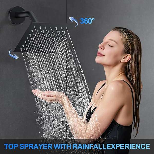 Shower Faucet Set, 12" Ceiling Mount Rainfall Shower System with 12'' Top Head+6'' Side Head and Multi-function Handheld Head Push Button Diverter Shower Faucet Trim Kit (12", Matte Black) - Image 7