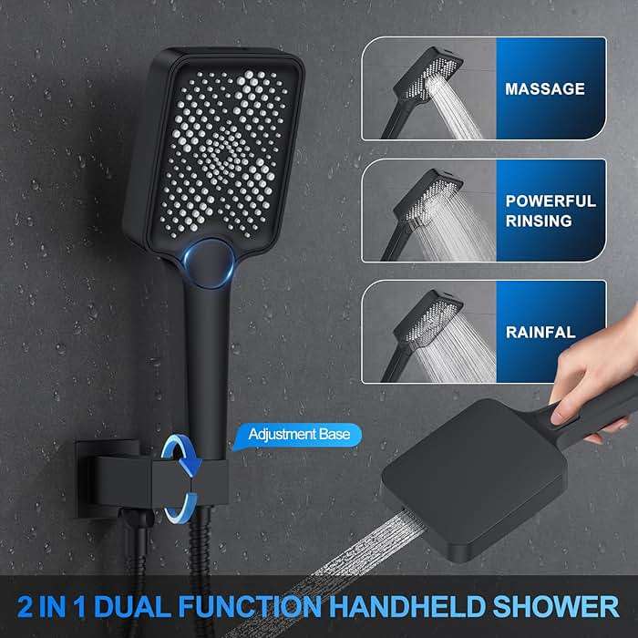 Shower Faucet Set, 12" Ceiling Mount Rainfall Shower System with 12'' Top Head+6'' Side Head and Multi-function Handheld Head Push Button Diverter Shower Faucet Trim Kit (12", Matte Black) - Image 8