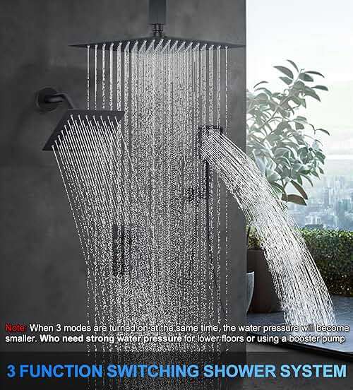 Shower Faucet Set, 12" Ceiling Mount Rainfall Shower System with 12'' Top Head+6'' Side Head and Multi-function Handheld Head Push Button Diverter Shower Faucet Trim Kit (12", Matte Black) - Image 9