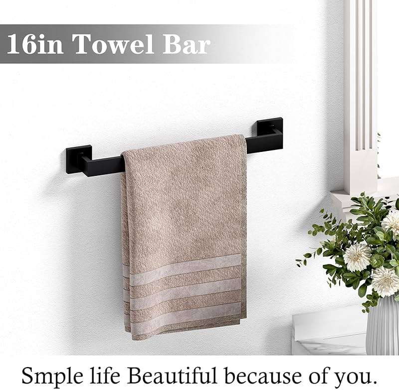 5-Pieces Matte Black Bathroom Hardware Accessories Set, Heavy Duty Bath Towel Bar Set Including - 16" Towel Rack - Hand Towel Holder - Toilet Paper Holder - Robe Towel Hook - Image 3
