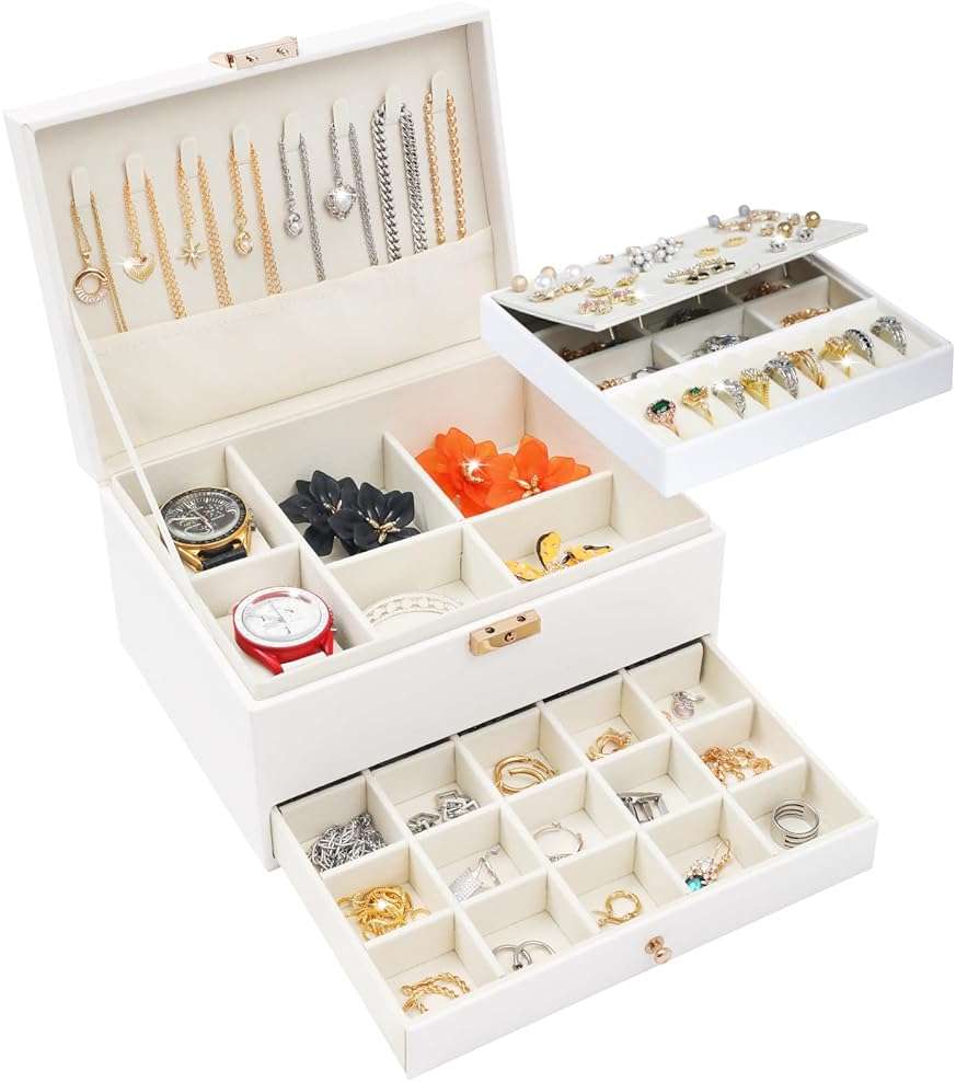 3 Layers Jewelry Box, White Jewelry Boxes for Women with Drawer, Jewelry Organizers and Storage for Earring, Ring, Necklace, Bracelets, Watch, Lockable Jewelery Organizer Lover Gifts for Women - Image 1