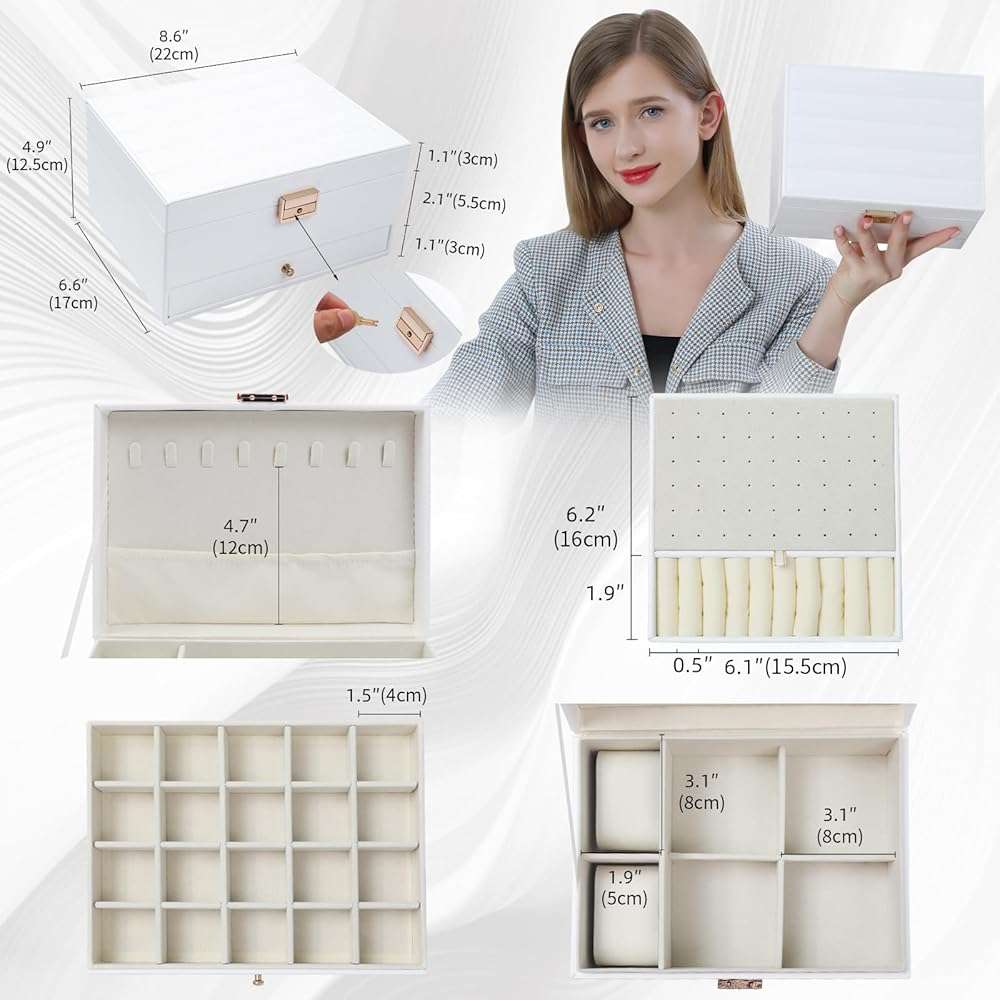 3 Layers Jewelry Box, White Jewelry Boxes for Women with Drawer, Jewelry Organizers and Storage for Earring, Ring, Necklace, Bracelets, Watch, Lockable Jewelery Organizer Lover Gifts for Women - Image 3