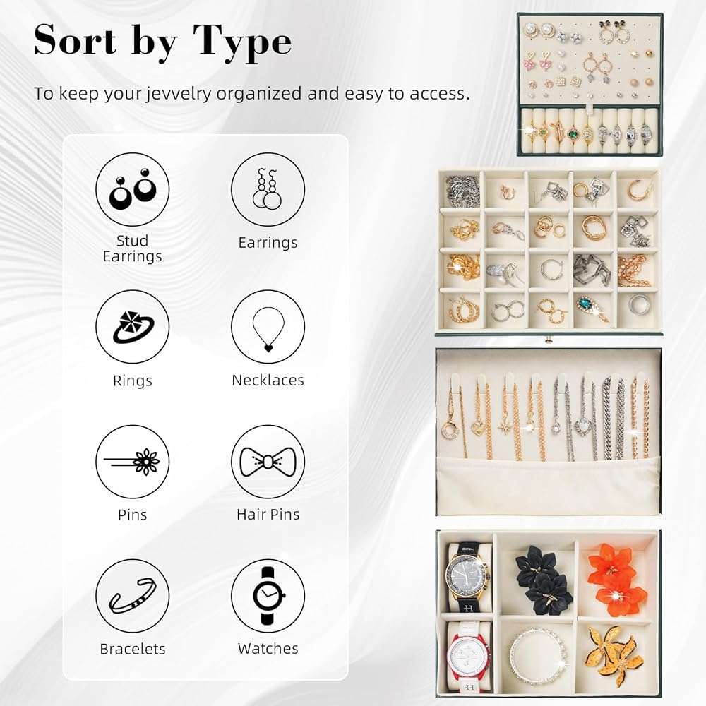 3 Layers Jewelry Box, White Jewelry Boxes for Women with Drawer, Jewelry Organizers and Storage for Earring, Ring, Necklace, Bracelets, Watch, Lockable Jewelery Organizer Lover Gifts for Women - Image 4