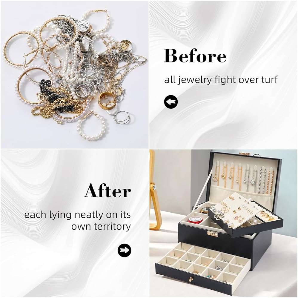 3 Layers Jewelry Box, White Jewelry Boxes for Women with Drawer, Jewelry Organizers and Storage for Earring, Ring, Necklace, Bracelets, Watch, Lockable Jewelery Organizer Lover Gifts for Women - Image 5