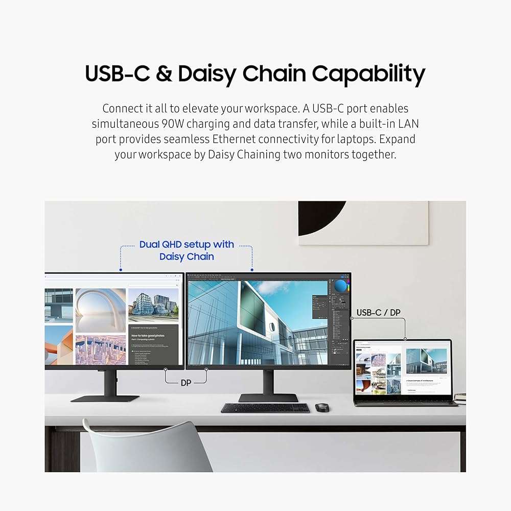 SAMSUNG 27" ViewFinity S6 (S60UD) Series QHD High Resolution Computer Monitor, 100Hz, HDR10, USB-C, Built-In LAN Port, Daisy Chain Support, Easy Setup, Height Adjustable Stand, LS27D606UANXGO, 2024 - Image 4