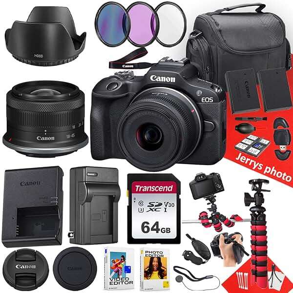 Canon EOS R100 Mirrorless Camera with RF-S 18-45mm f/4.5-6.3 is STM Lens + 64 GB Memory + Hood + Extra Battery + Battery Charger + Filters + More (26pc Bundle) (Renewed) - Image 1