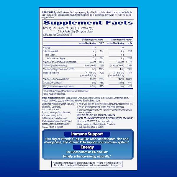 Emergen-C Immune Plus Crystals, On-the-Go Immune Support Supplement with Vitamin C, Vitamin D, B Vitamins, Zinc and Manganese, Berry Lemonade - 28 Stick Packs - Image 6