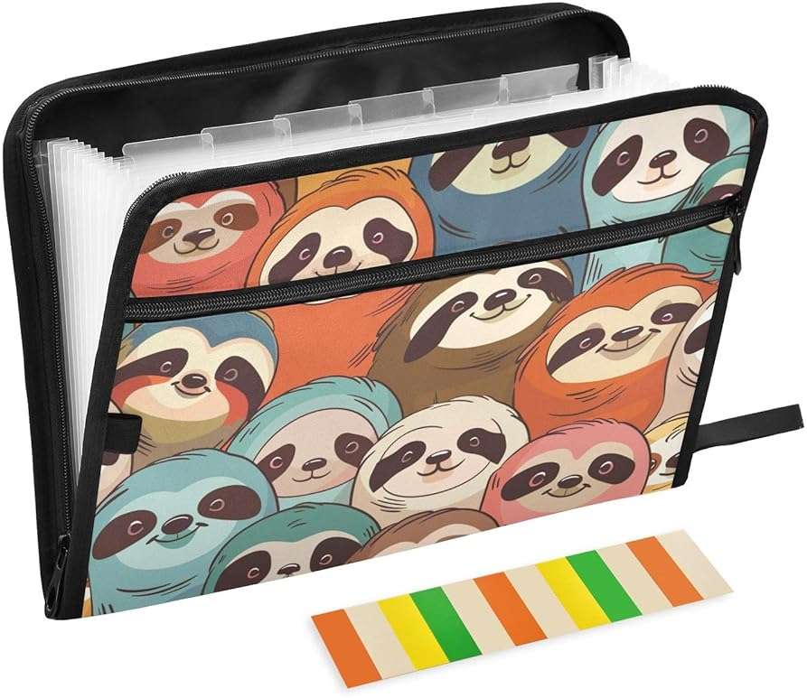 Colorful Sloth Expanding File Folder, 13 Pockets Accordion File Organizer with Sticky Labels Zipper Portable A4 Document Organizer for Office School Supplies Travel - Image 1