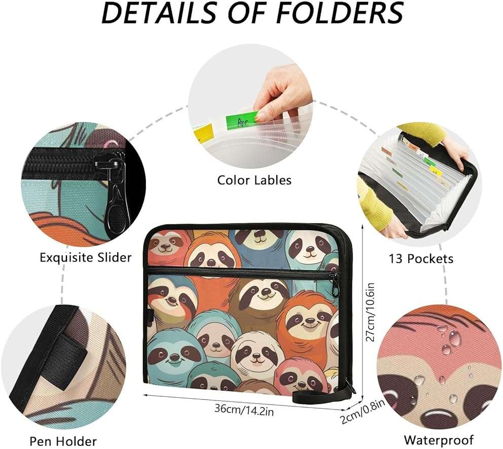 Colorful Sloth Expanding File Folder, 13 Pockets Accordion File Organizer with Sticky Labels Zipper Portable A4 Document Organizer for Office School Supplies Travel - Image 3