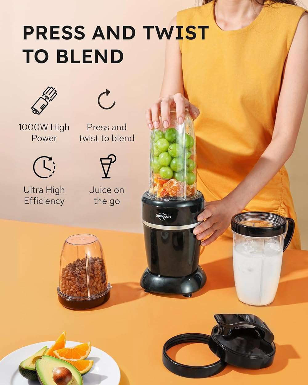 Sangcon 1000W Smoothie Blender for Kitchen, Blenders for Smoothies with (3) Cups (2) Spout Covers (1) Storage Cap (1) To-Go Cap, Portable Blender for Shakes, Ice Crushing, Frozen Drinks, Spices - Image 2