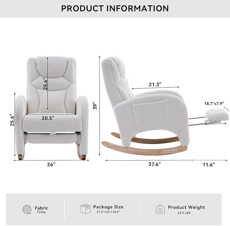 FOXHUNTER Rocking Chair Nursery, Modern Glider Chair with Adjustable Footrest and Solid Wood Legs, High Backrest Nursery Chair with Side Pocket, Rocker Armchair for Living Room Bedroom, Teddy Ivory - Image 2