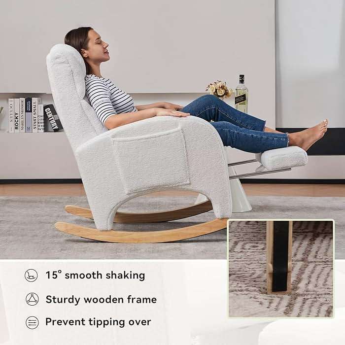 FOXHUNTER Rocking Chair Nursery, Modern Glider Chair with Adjustable Footrest and Solid Wood Legs, High Backrest Nursery Chair with Side Pocket, Rocker Armchair for Living Room Bedroom, Teddy Ivory - Image 4