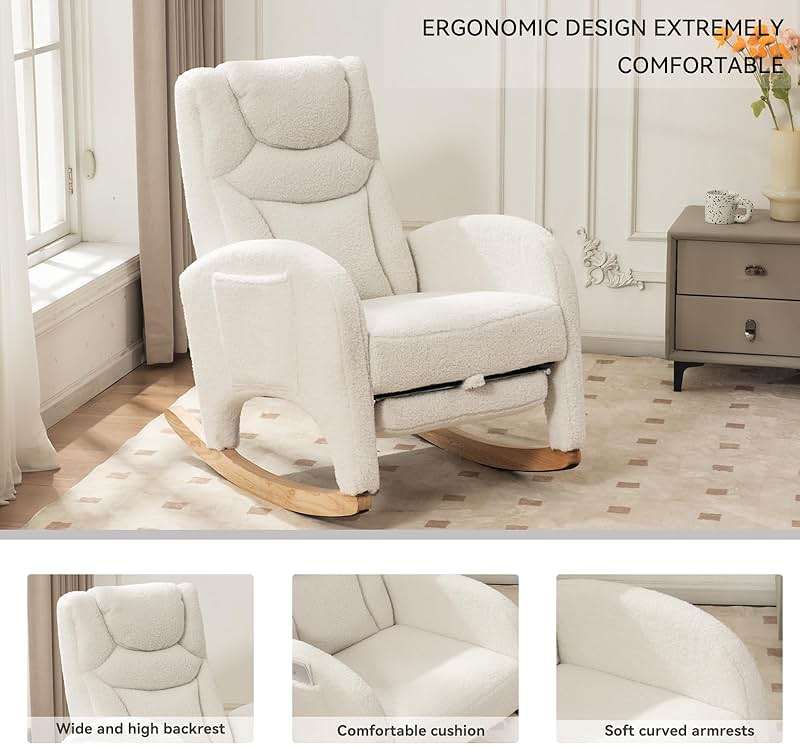 FOXHUNTER Rocking Chair Nursery, Modern Glider Chair with Adjustable Footrest and Solid Wood Legs, High Backrest Nursery Chair with Side Pocket, Rocker Armchair for Living Room Bedroom, Teddy Ivory - Image 6