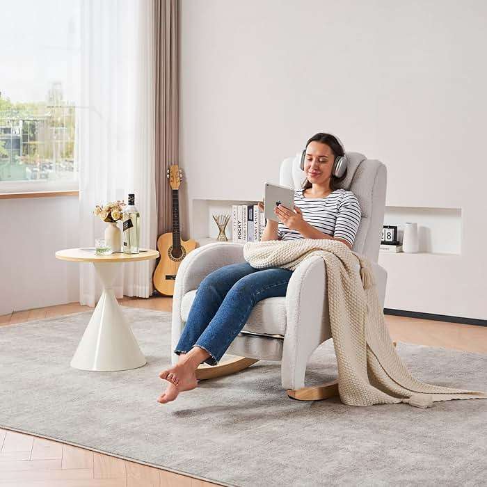 FOXHUNTER Rocking Chair Nursery, Modern Glider Chair with Adjustable Footrest and Solid Wood Legs, High Backrest Nursery Chair with Side Pocket, Rocker Armchair for Living Room Bedroom, Teddy Ivory - Image 7