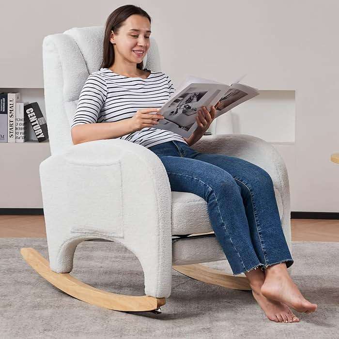 FOXHUNTER Rocking Chair Nursery, Modern Glider Chair with Adjustable Footrest and Solid Wood Legs, High Backrest Nursery Chair with Side Pocket, Rocker Armchair for Living Room Bedroom, Teddy Ivory - Image 8