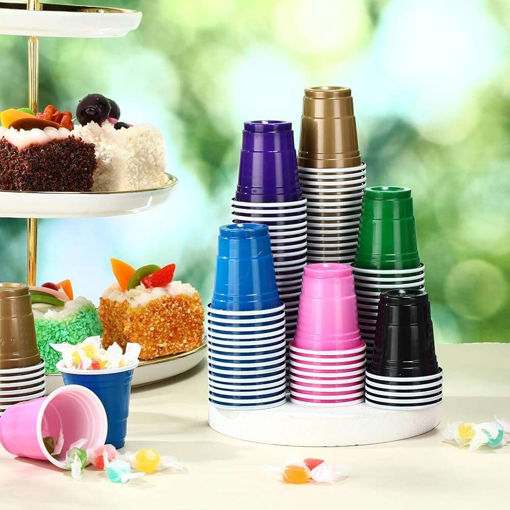 Mimorou 600 Pack 2 Oz Plastic Shot Glasses Disposable Plastic Shot Cups Mini Multicolor Cups for BBQ Christmas Party Tastings Sample Picnic Camping Daily Life Wedding, 6 Colors (Stylish Color) - Image 2