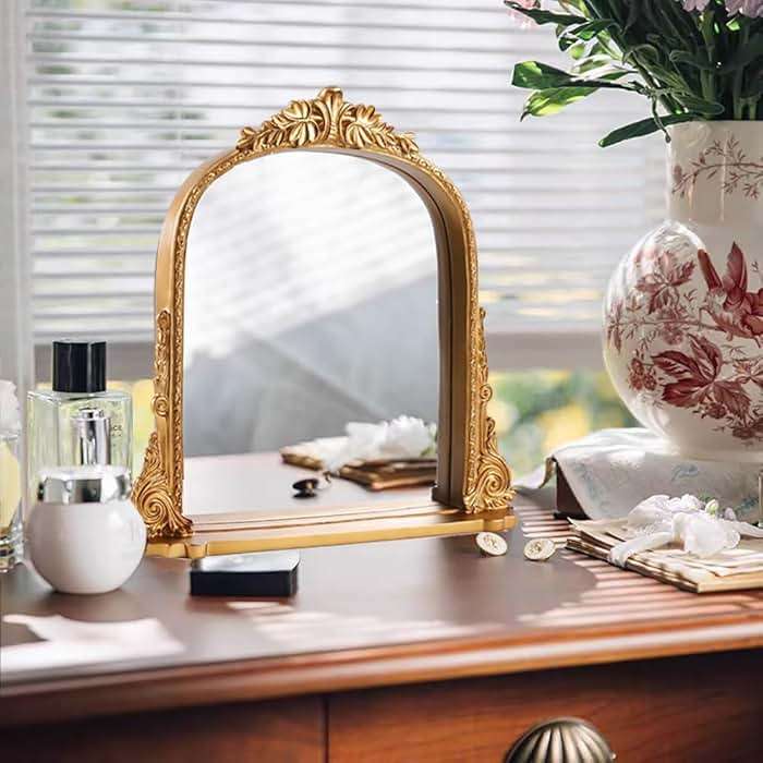 SIKOO 8x10 Inch Arched Vintage Mirror with Shelf, Decorative Wall Art for Home, Resin and Premium Glass, Bronze Gold - Image 2
