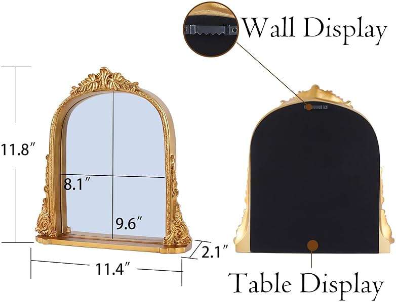 SIKOO 8x10 Inch Arched Vintage Mirror with Shelf, Decorative Wall Art for Home, Resin and Premium Glass, Bronze Gold - Image 3