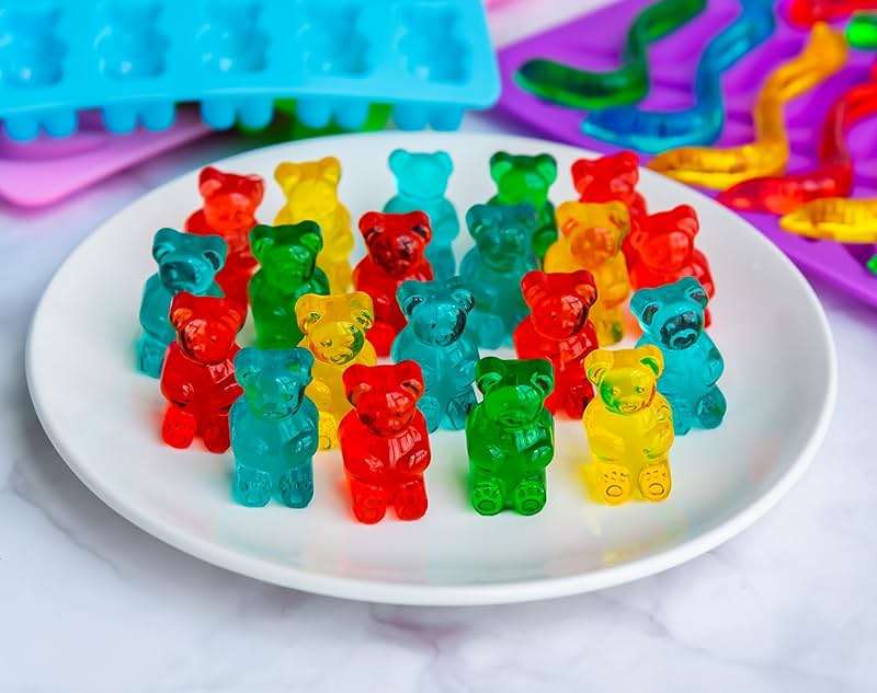 HKUCFTT Large Gummy Bear and Worm Molds Silicone, Food-Grade Non-Stick Candy Molds Fruit Snack Molds BPA-Free with 2 Droppers & 1 Cleaning Brush, Set of 4 - Image 2