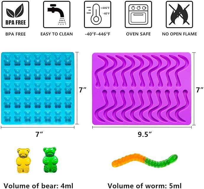 HKUCFTT Large Gummy Bear and Worm Molds Silicone, Food-Grade Non-Stick Candy Molds Fruit Snack Molds BPA-Free with 2 Droppers & 1 Cleaning Brush, Set of 4 - Image 3