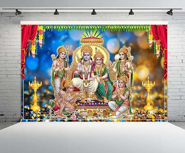 CHNYWORK 7x5ft Hindu Gods Backdrop, Indian Hindu Gods Photo Backdrop with Ram Sita Hanuman Ganesh & Marigold Puja Scenery, Indian Festival Party Decor Photo Booth Prop Wallpaper - Image 2