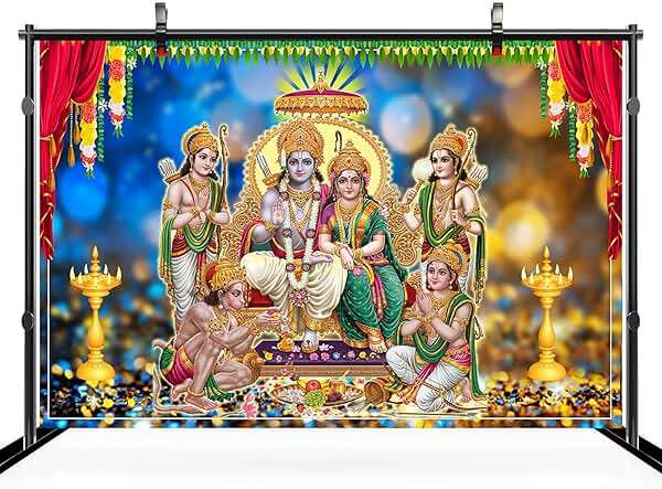 CHNYWORK 7x5ft Hindu Gods Backdrop, Indian Hindu Gods Photo Backdrop with Ram Sita Hanuman Ganesh & Marigold Puja Scenery, Indian Festival Party Decor Photo Booth Prop Wallpaper - Image 3