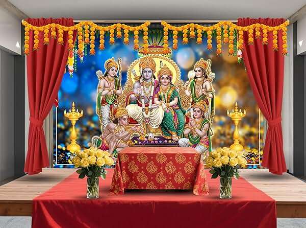 CHNYWORK 7x5ft Hindu Gods Backdrop, Indian Hindu Gods Photo Backdrop with Ram Sita Hanuman Ganesh & Marigold Puja Scenery, Indian Festival Party Decor Photo Booth Prop Wallpaper - Image 4