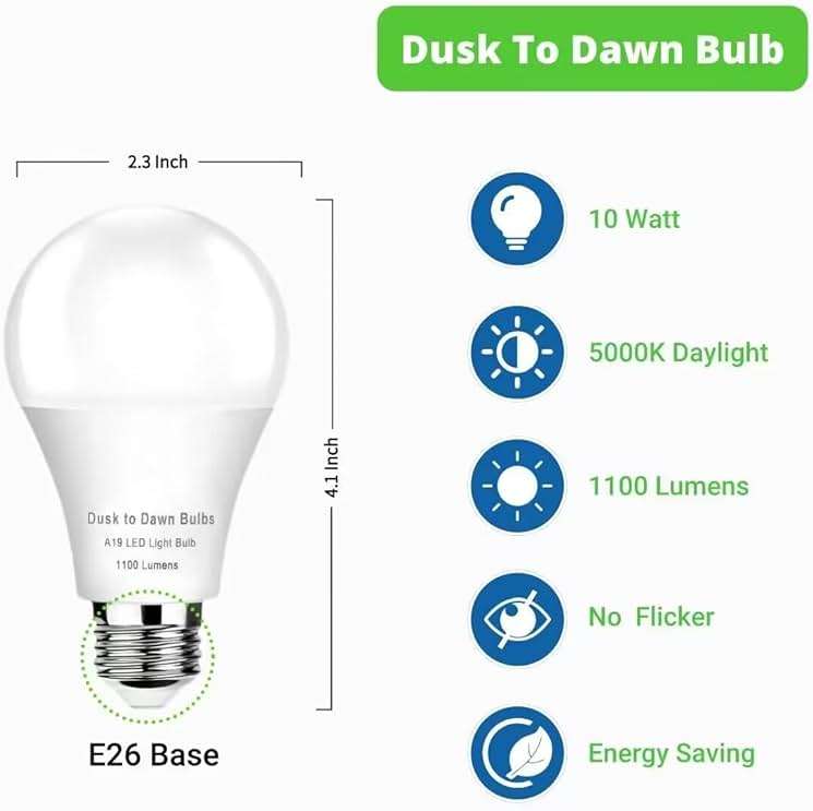 4-Pack Dusk to Dawn Light Bulbs Outdoor 75 Watt Equivalent, Automatic On/Off Sensor LED Bulb, 10W Daylight 5000K,1100 Lumen, A19 E26 Bulbs Photocell for Wall lamp Porch Garage Yard Light(Non-dimmable) - Image 5