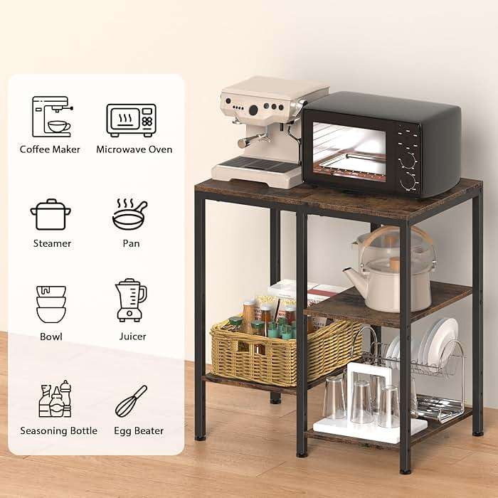 OGEMXU Kitchen Microwave Stand,4-Tier Adjustable Bakers Rack, Microwave Cart with Storage, Small Coffee Bar Table Appliance Shelf for Living Room,Office,Rustic Brown - Image 5