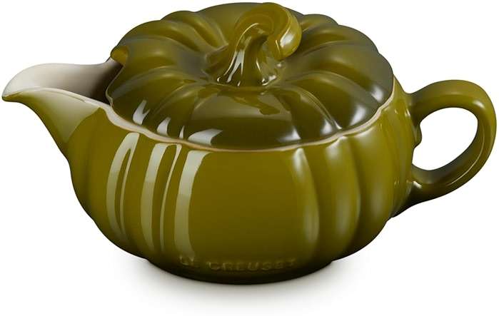 Le Creuset Stoneware Pumpkin Gravy Boat with Lid, 14 oz., Olive - Image 1