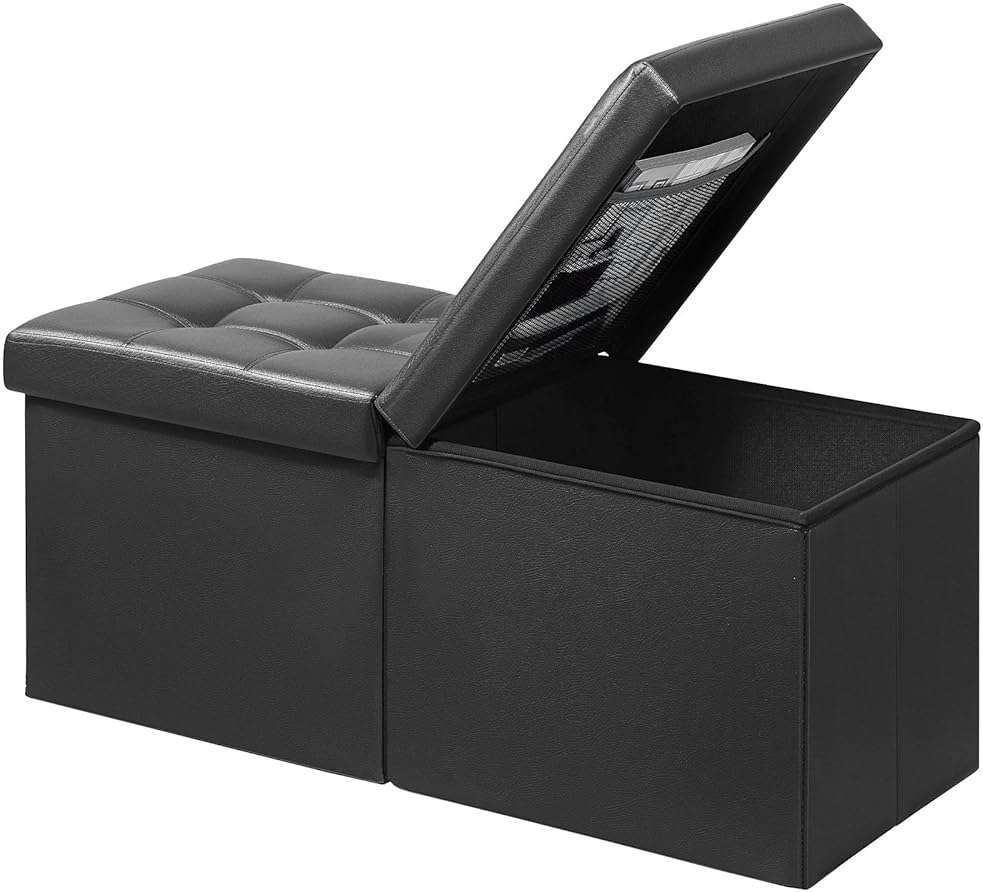 AmasSmile Footrest Ottoman Bench with Storage,34Inch Black Leather Footstool, Coffee Table, Padded Seat, Storage Chest,Blanket Store with Flipping Lid for Livingroom and Bedroom - Image 1